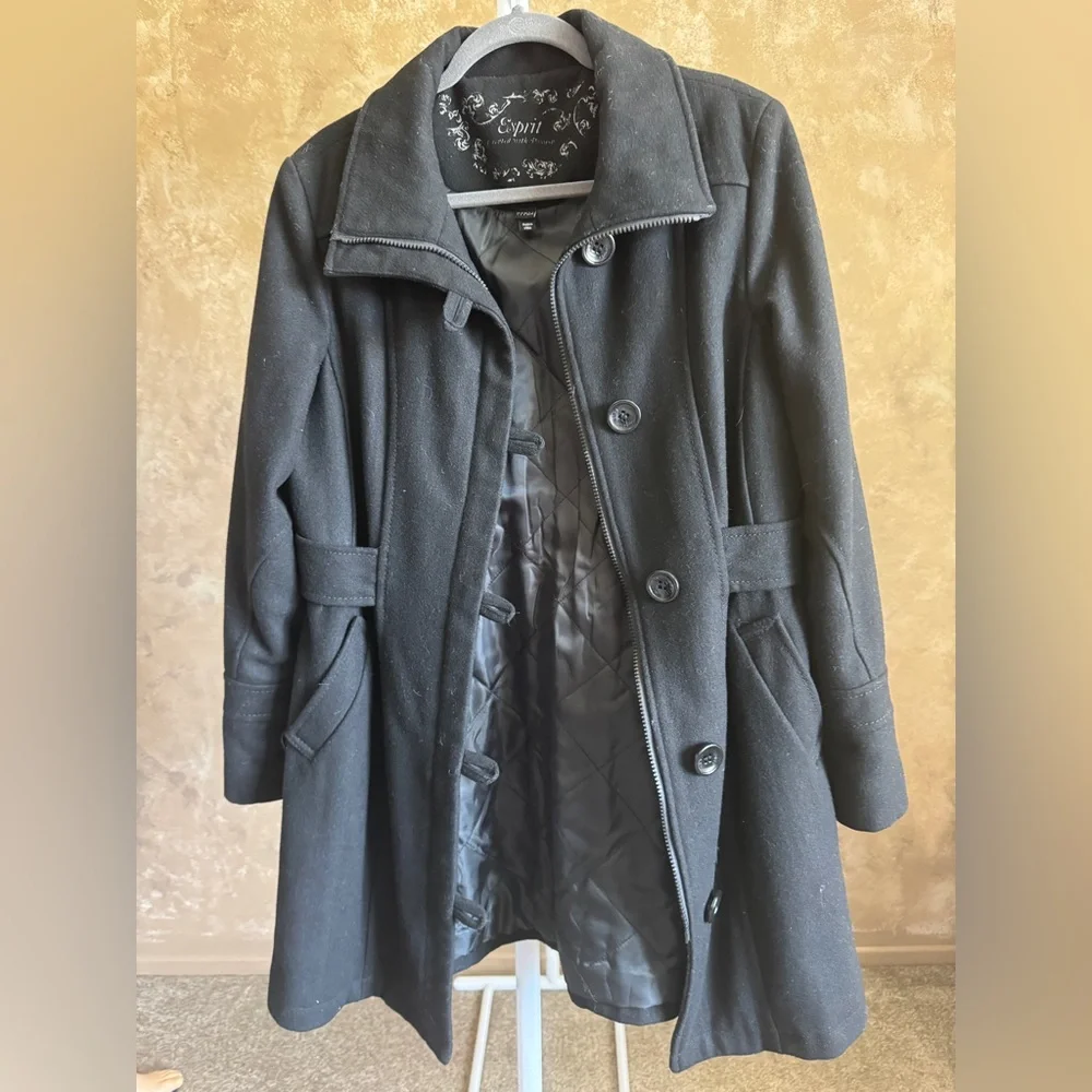 Y2K ESPRIT Wool Coat Black Peacoat for Women Vintage Black Jacket Sz L - Picture 10 of 11